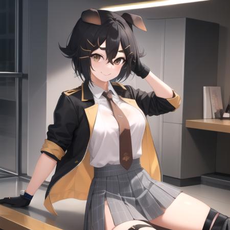 ((masterpiece)),(best quality),official art,extremely detailed CG,unity 8k wallpaper,ultra detailed,perfect lighting,1girl,solo,upper body,jackie (arknights),animal ears,bangs,medium breasts,black footwear,black gloves,black hair,black jacket,brown eyes,brown neckwear,dog ears,grey skirt,hair between eyes,knee pads,looking at viewer,miniskirt,necktie,open jacket,pleated skirt,shoes,short hair,short sleeves,smile,thigh strap,white shirt,<lora:Jackie(ark)>,