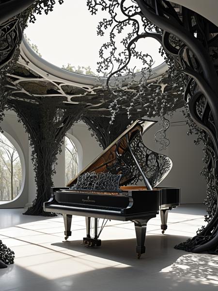 Fractalvines, A grand piano on a concert stage, elegantly covered in fractal vines, with a classic black and white theme <lora:Fractal_Vines:1> <lora:EnvyBetterHiresFixXL01:0:hr=1>