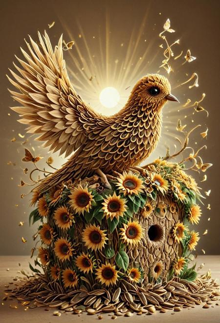 Made of Sunflowers, tiny dove crafted from sunflower seeds and fuzzy yellow petals, building a nest of tangled stems and soft pollen puffs, perched on a branch surrounded by glowing sun rays and butterflies, SDXL, whimsical and radiant