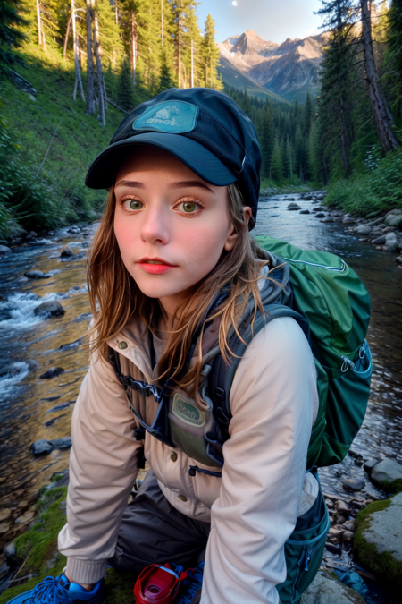 1girl ((upper body selfie, happy)), masterpiece, best quality, ultra-detailed, solo, outdoors, (night), mountains, nature, (stars, moon) cheerful, happy, backpack, sleeping bag, camping stove, water bottle, mountain boots, gloves, sweater, hat, flashlight, forest, rocks, river, wood, smoke, shadows, contrast, clear sky, analog style, (look at viewer:1.2), (skin texture), (film grain:1.3), (warm hue, warm tone :1.2), close up, cinematic light, sidelighting, ultra high res, best shadow, RAW, upper body, wearing pullover