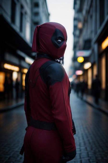 dramatic, high contrast, back lighting, Redhead, 19 year old woman , with glowing halo, wearing a Deadpool mask,
The haio light is shinning on her hair 
looking over her shoulder back at the ciewer
rain wet street with warm neon lights reflecting
night time
