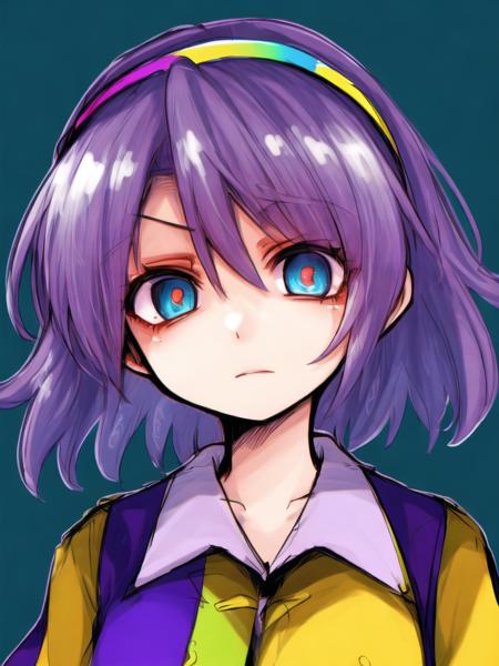 focus on face, best quality, masterpiece, 1girl, Tenkyuu Chimata, multicoloured clothes, rainbow hairband, purple background, <lora:Fua Yuu Style:1.0>, fua yuu style, beautiful eyes, highly detailed eyes, extremely detailed eyes, <lora:Tenkyuu Chimata:0.6>