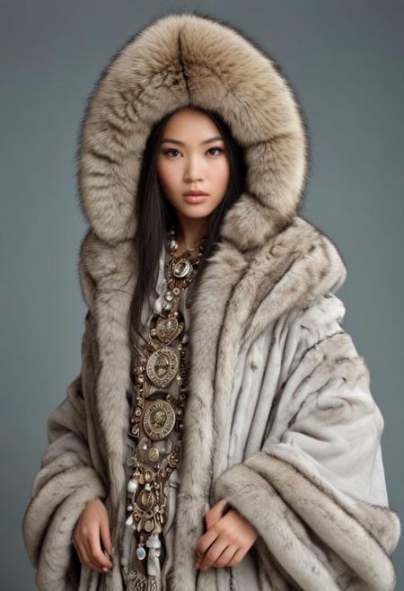 Eskimo girl, Ancient Empress costume, Beautiful girl, sensual, Eiko Ishioka fashion style, Alexander McQueen fashion style, neutral grey background