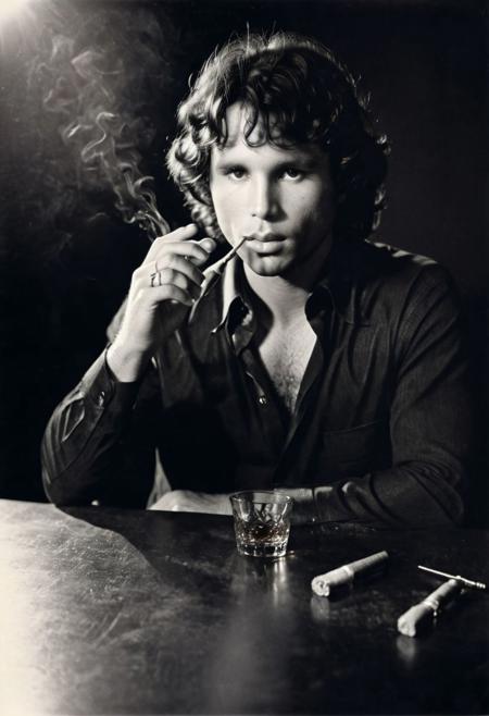 highly detailed and hyper realistic b&w photo of
(Jim Morrison) smoking cigarette, (black background,) (whiskey on table), shadow falling on eyes, b&w,   (lighting: dramatic), (lighting: high key) shot on Polaroid film, cinematic still frame, film grain, shallow depth of field, textured table, clean table, crouched, faded colors, vintage, motion blur, deep shadows, highly detailed and hyper realistic