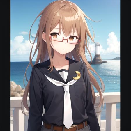 ((masterpiece)),(best quality),official art,extremely detailed CG,unity 8k wallpaper,ultra detailed,A lighthouse on a cliff by the sea,1girl,solo,upper body,(portrait:1.2),glasses,brown_hair,long_hair,black_shirt,school_uniform,brown_eyes,skirt,serafuku,red-framed_eyewear,crescent_pin,long_sleeves,white_socks,white_necktie,belt,looking_at_viewer,loafers,<lora:Mochizuki(kan)>,