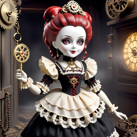 A bizarre clockwork doll with a porcelain face and glowing red eyes that give off a faint, mechanical whirring sound. Their joints are visible, made of brass and gears, and they wear a frilly, old-fashioned dress. One arm is outstretched, holding a key, suggesting a need to be wound up. The background is a dark, dusty attic filled with old, forgotten toys and cobwebs.