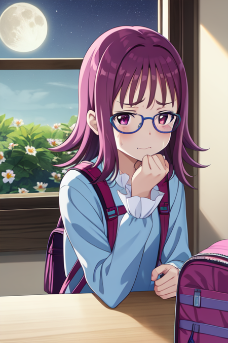 hojosakura, glasses, flower, day, window, sweatdrop, POV, backpack, closed mouth, hand on own chin, thinking, moon