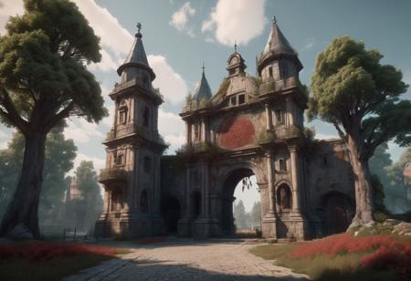 Grand entrance to a medieval city, old big trees, old  well, bloody sky, 8k resolution concept art hyperdetailed, intricate, hyperdetailed, photorealistic