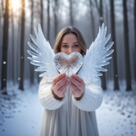 Angel with a heart-shaped ice crystal in her hand in a snowy forest background