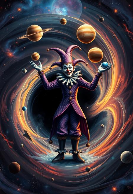 "Cosmic jester, a gargantuan being of swirling, starry energy, stands at the center of a churning black hole. With an impish grin, the jester effortlessly juggles an entire solar system, planets and moons suspended in mid-air as if defying gravity and space-time itself. The black hole's event horizon rages around the jester, its darkness illuminated by the vibrant colors of the juggled planets. Stars and galaxies wheel in the background, a dizzying celestial tapestry that underscores the jester's impossible, godlike feat. Style: vibrant, cosmic, and surreal, with a focus on capturing the jester's playful, mischievous energy amidst the mind-bending vastness of the universe."
