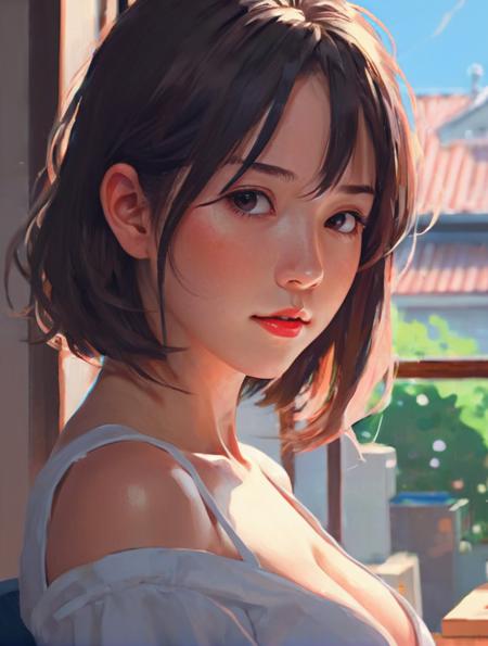 (attractive woman),art by atey ghailan,painterly anime style at pixiv,art by kantoku,in art style of redjuice/necmi/rella/tiv pixiv collab,your name anime art style,masterpiece digital painting,exquisite lighting and composition,inspired by wlop art style,8k,sharp,very detailed,high resolution,illustration,natural beauty,Big Titty,