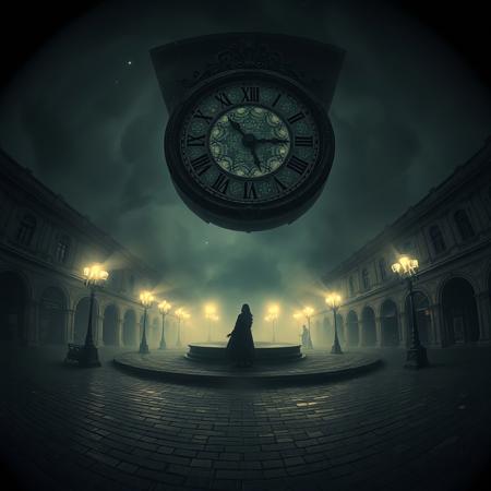 A cinematic fisheye lens view captures a serenely horrifying tableau steeped in noir mythology. In a desolate plaza shrouded in thick, swirling mist, a colossal, ancient clock with no hands hangs impossibly suspended, its ornate frame dripping with cosmic nebulae. Deep shadows cling to the cobblestones where a mysterious, towering entity of pure shadow and forgotten time stands motionless, its presence both eerie and strangely peaceful. The atmosphere is heavy with the surreal silence of a dream, bathed in dramatic, low-key lighting as if from a forgotten god’s gaze.