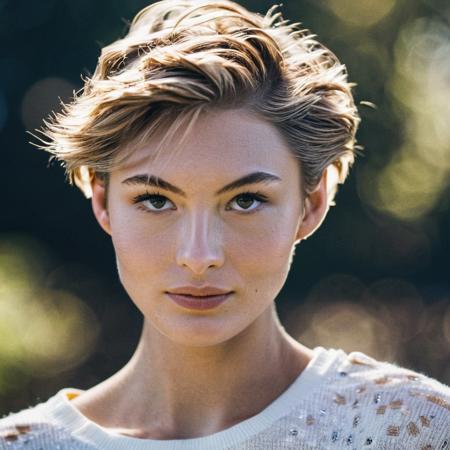 <lora:grace_elizabeth_xl_lora_ 15:1> grace elizabeth woman fashion photo, Realistic 8K portrait: A young tomboy, blonde, short hair, fashion clothing; park background dramatic lighting, cinematic colors; hyper-above