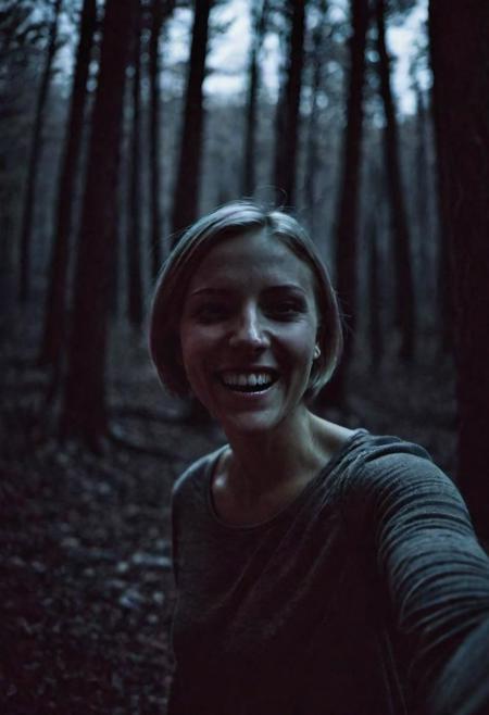 girl at night in the wood, short hair,selfie, laughing, night, very dark, infrared photography ,grainy, motion blur, wide angle, blurry, blair witch project