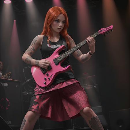 a woman with long auburn colored hair with tattoos wearing a black tank top playing a pink solaratype1452 on the stage in a concert, dramatic lighting, metalhead, metal guitar, strat style guitar, (solaratype1452), solar guitars, cute face, beautiful face, beautiful model body, wallpaper, intricate, sharp focus, ray tracing, rtx, well drawn, masterpiece, ultra detailed, high quality, top quality, best quality, 4k, 8k, raw <lora:solaratype:0.35>