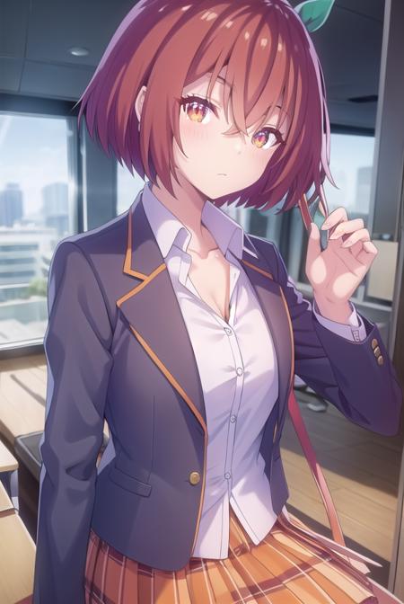 maonanjou, <lora:mao nanjou s1-lora-nochekaiser:1>,
mao nanjou, long hair, (orange eyes:1.3), red hair, side ponytail,
BREAK skirt, school uniform, jacket, plaid, plaid skirt, blazer,
BREAK indoors, classroom,
BREAK looking at viewer,
BREAK <lyco:GoodHands-beta2:1>, (masterpiece:1.2), best quality, high resolution, unity 8k wallpaper, (illustration:0.8), (beautiful detailed eyes:1.6), extremely detailed face, perfect lighting, extremely detailed CG, (perfect hands, perfect anatomy),