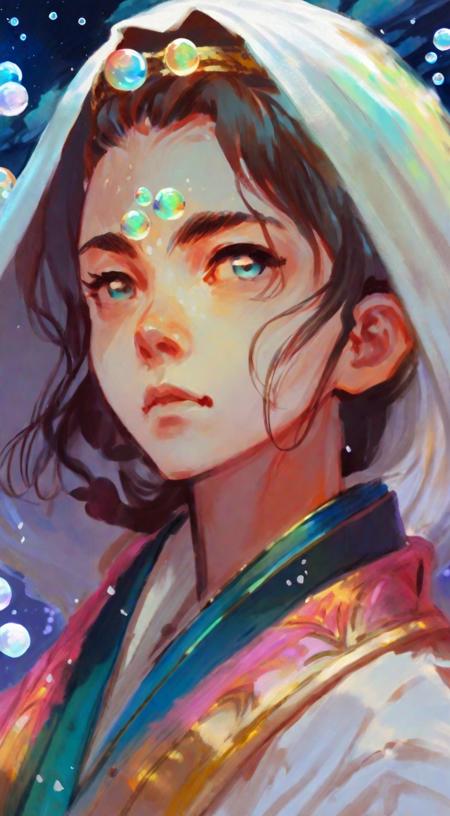 a girl , Colorful colors, surrounded by water bubbles, Masterpiece, Oil painting drawn in anime style, head close - up, exaggerated perspective, Tyndall effect, water drops, mother - of - pearl iridescence, Holographic white <lora:twtk_1.0:1>