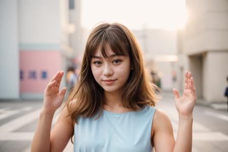 1980s,photo of a 18 year old girl,clapping hands,happy,casual clothes,outdoor,windy,on the street,tokyo,ray tracing,detail shadow,shot on Fujifilm X-T4,85mm f1.2,sharp focus,depth of field,blurry background,bokeh,lens flare,motion blur,<lora:add_detail:1>,