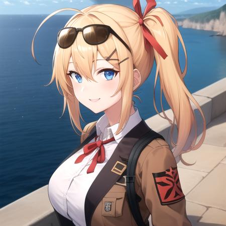 ((masterpiece)),(best quality),official art,extremely detailed CG,unity 8k wallpaper,ultra detailed,A lighthouse on a cliff by the sea,1girl,solo,upper body,(portrait:1.2),kalina (girls frontline),ahoge,bangs,white shirt,one side ponytail,breast pocket,blonde hair,red ribbon,blue eyes,brown footwear,high heel boots,hair ribbon,large breasts,x hair ornament,gloves,pleated skirt,hair between eyes,brown jacket,long hair,looking at viewer,mismatched thighhighs,smile,striped thighhighs,plaid skirt,sunglasses on head,<lora:Kalina-V1(gf)>,