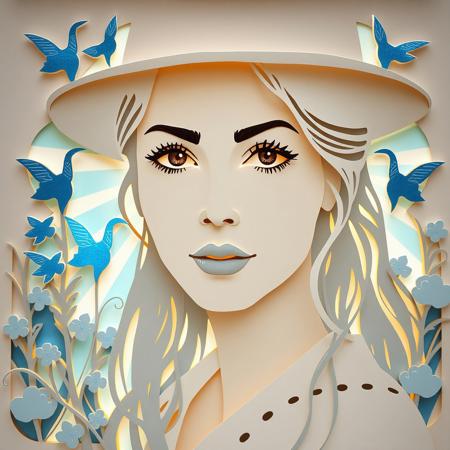 higly detailed woman face made of paper cut art, with blue sirens in background and amazing sunlight, she has a hat and she is looking at viewer, paper-cut art, extremely detailed