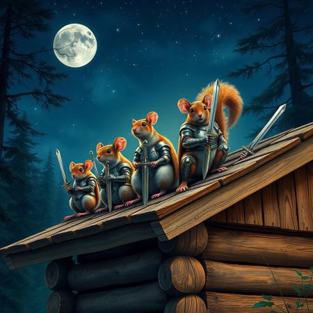 During a warm summer night a group of mice stay on the top of  a wooden roof 
 of wooden cabin in the middle of the  forest. Among them is a one big squirrel. All of them wear a medieval  knights  armors and hold  steel swords. with details, vivid colors,  seen under an electron scanning microscope
