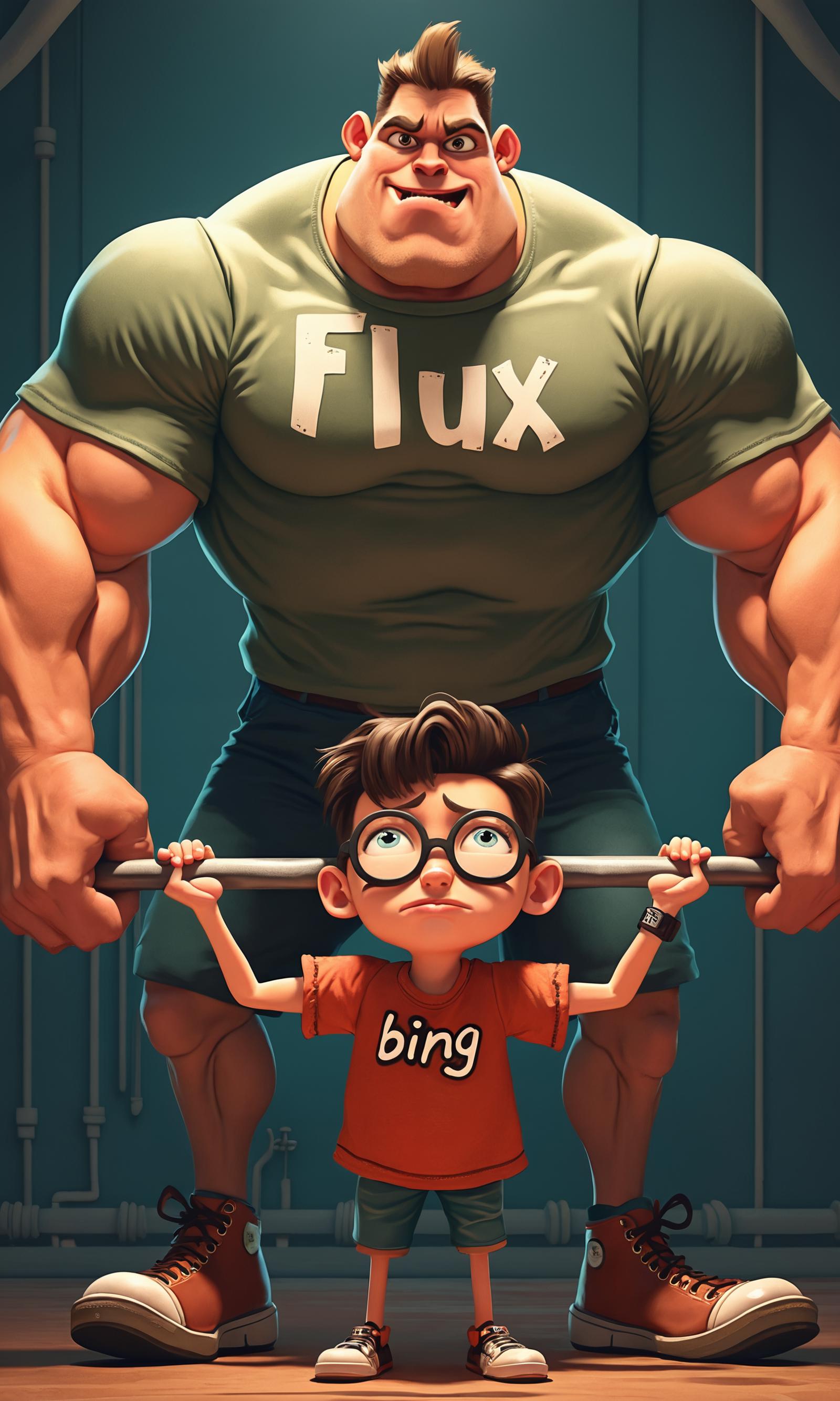 a semi-realistic cartoon in the style of pixar, Person #1 is a strong bully wearing a athletic tshirt with the word "Flux" on it, Person #2 a nerdy skinny kid with large glasses that's wearing a shirt that says "bing" Person #1 is bench pressing weights over Person #2 head, Person #2 is in distress 