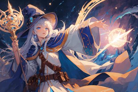 masterpiece, best quality, colorful, fantasy, starry sky, 1girl, arm up, holding staff, casting, detailed floating long silver blue hair, blue eyes, mage, adventurer, robe, cape, harness, pouch, witch hat, magic circle, parted lips