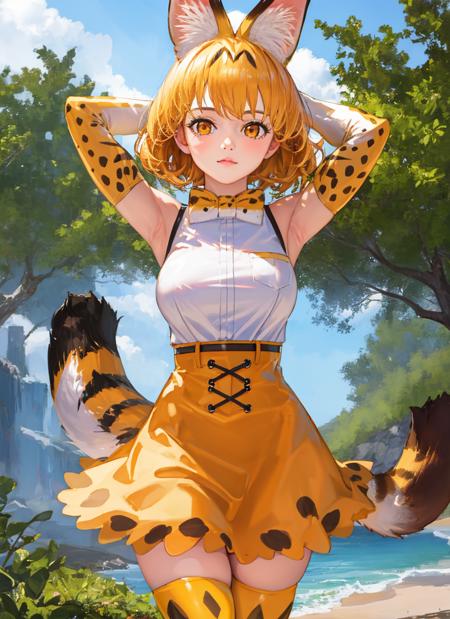 beautiful, masterpiece, best quality, realistic photo 1girl, serval,  blonde hair,  cat ears, cat tail, high-waist skirt, highres, kemono friends, large breasts, looking at viewer, orange eyes,  tail, thighhighs, w arms, white gloves, white shirt, yellow skirt, yellow thighhighs  <lora:my_ServalKemonoFriends_v1:0.6>