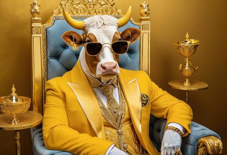 A humanoid | anthropomorphic cow dressed in a fancy suit, flaunting its wealth | Gold chains, fur on the shoulders | gold glasses | Sitting on a yellow velvet throne at a mafia party
