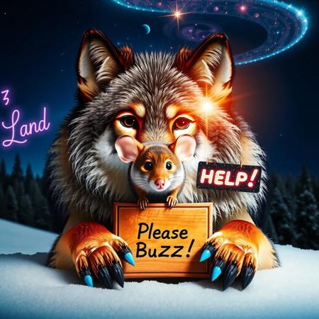 SFW; masterpiece, intricate photo. realistic real wolf in a snowy landscape surrounding holding a small wooden plate with his realistic wolf paws where is written on "Please Buzz!"; Mouse is sitting between the ears and holding a sign with "Help!"; in the background are a forest, in the skies are stars, planets, galaxies, nebulae; in the sky is in neon letter written "Buzz Land". highly detailed, sharp focus, photo realistic, hyper realistic, best quality, high resolution, HDR, colorful, cozy outdoor lighting, 8K