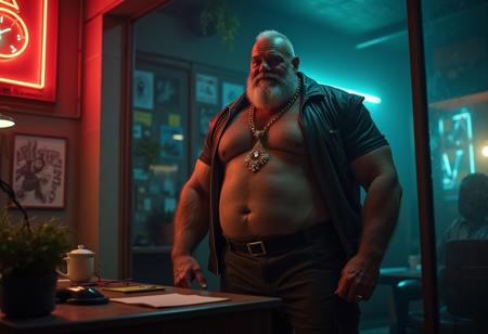 old hairy man mutating into huge bodybuilder with gigantic muscles, gigantic muscles, huge neck, film noir character portrait, futuristic cyberpunk office, german arthouse movie, cinematic atmosphere, cozy, comfortable, brute, old big sturdy beefy chunky oily sweaty german rich daddybear wearing undershirt, leather higheel boots, cargo pants, gentle smile, rich old detective, broad face, big nose, bald, big jaw, proud cozy warm old man's hairy chest, golden jewellery with gemstones, standing, leaning forward in an intrigued way,in a dark neonlit cyberpunk office