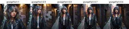 1girl, portrait, wolfcut, bangs, long layered hair, multicolored hair,
(Wrapped in a sleek leather jacket, accentuated by silver studs and chains, emanating a fierce and edgy aura), (A dimly lit alleyway, with shadows lurking in the corners, exuding an atmosphere of calculated intensity: 1.3), (seductive:1.3),(analog, cinematic, film grain, hazy atmosphere, cinematic shot:1.3),
<lora:concept_hairstyle_grungeFlair_sdxl_v1-grungeFla1r:1>
