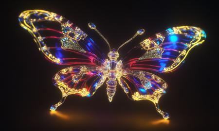 <lora:shineglasscd_xl-000005:0.7>,a (shineglasscd_xl,shine glass,neon lights,light particles,colorful:1.3,gradient,chromatic aberration) mechanical butterfly,no humans,long-focus,tilt-shift,dark background,simple background,full body,chinese zodiac,cutie,cute,still life,front view,facing viewer,looking at viewer, emotional,harmonious,high budget,moody,epic,gorgeous,perfect lighting,realistic,photorealistic,photographic,photo (medium),real,moody lighting,volumetric lighting,reality ray tracing,8K,HDR,UHD,masterpiece,best quality,highly detailed,high resolution,finely detail,extremely detailed,ultra detailed,wallpaper