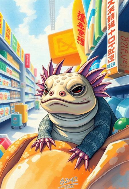 "(masterpiece, best quality, high quality, highres), very awa, highres, absurdres, 
(chii-kun \(seedyoulater\):0.7), (naguru \(cyoroama\):0.7)water color painting, rough canvas, rough surface, 
(axolotl:1.1), 
(no humans:1.1), (cute:1.2), comfy, solo, cozy, 
indoors, shoping, market, sunny day, consumer goods, supermarket, frown, 
oil painting, depth of field, cinematic, 
"