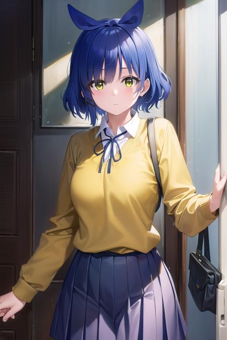 ryouyamada, <lora:ryouyamada-lora-nochekaiser:1>, 
ryou yamada, blue hair, eyes visible through hair, mole, mole under eye, short hair, (yellow eyes:1.5), hairclips,
BREAK black pantyhose, black ribbon, blue skirt, brown footwear, loafers, long sleeves, pantyhose, ribbon, school uniform, shimokitazawa high school uniform, shirt, shoes, skirt, white shirt,,
BREAK indoors, classroom,
BREAK looking at viewer, (cowboy shot:1.5),
BREAK <lyco:GoodHands-beta2:1>, (masterpiece:1.2), best quality, high resolution, unity 8k wallpaper, (illustration:0.8), (beautiful detailed eyes:1.6), extremely detailed face, perfect lighting, extremely detailed CG, (perfect hands, perfect anatomy),