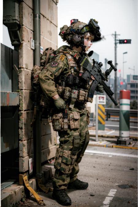 ruanyi0306,bulletproof vest,camouflage,helmet,holding weapon,m4 carbine,military uniform,mask,headset,microphone,