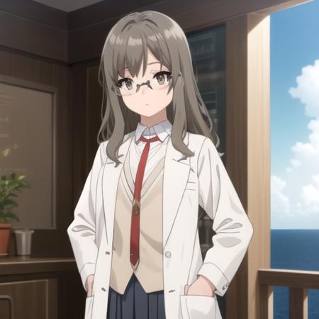 ((masterpiece)),(best quality),official art,extremely detailed CG,unity 8k wallpaper,ultra detailed,A lighthouse on a cliff by the sea,1girl,solo,upper body,long_hair,glasses,labcoat,school_uniform,hands_in_pockets,brown_hair,red_necktie,rimless_eyewear,brown_eyes,collared_shirt,pleated_skirt,black_skirt,white_shirt,brown vest,bangs,white socks,loafers,<lora:Futaba Rio(sby)>,