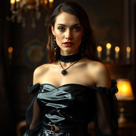 Masterwork Hd cinematic photo, sleek beautiful woman, polished latex, gothic themed ‘70’s loose flowing hippie styled dress , vaguely Victorian influenced