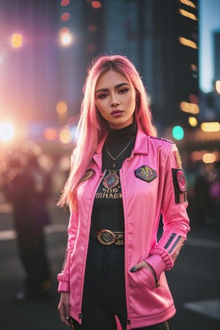 DV_Ella_Vicious(Art Photography, Award Winning) (an vibrant image of a woman in a pink neon jacket standing somewhere, cityscape, hyper-realistic details, , Fujifilm X-T4, Sony FE 85mm f/1. 4 GM --q 2 --s 750 --ar 3:4 --style raw --v 5. 1 --q 2 --s 750 --style raw)((Photo Focus, DOF, Aperture, insanely detailed and intricate, character, hypermaximalist, beautiful, revealing, appealing, attractive, amative, hyper realistic, super detailed, heresy flares))(DOF, blurry background, sunset)(Lens Flare, Heresy flare and god rays:1.3)