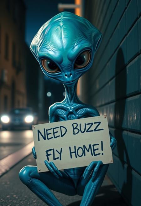 Alien with huge eyes, blue skin, iridescent, wearing bodysuit, sitting in alley holding sign (((("NEED BUZZ TO FLY HOME!")))), 
realistic, street in background, night