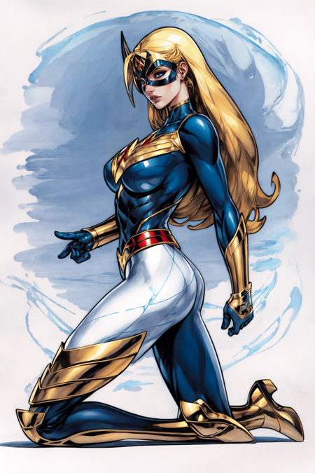 masterpiece, official art, best quality , extremely detailed, dskheroes, 1girl, solo, blue eyes, blonde hair, large breasts, hat, from side, kneeling, bodysuit, makeup, mask, traditional media, lipstick, skin tight, marker (medium), superhero, domino mask <lora:Heroes_Style:0.6>