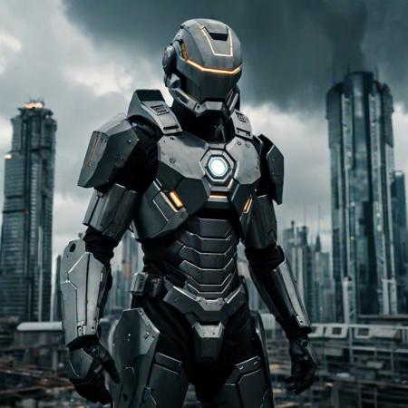 Hero wearing mechanised Casshern battle armour with arc reactor technology, cinematic, futuristic dystopian city backdrop, high rise buildings, dark foreboding clouds