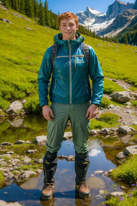 on a mountainside trail, alpine pasture with flowers, pond, hiking trail, walking down the trail, ginger hair, ConnorMaguire wearing waterproof jacket, hiking pants, hiking boots, wearing a hiking backpack, slight smile, masterpiece, (((full body portrait))), (full body), wide angle, <lora:ConnorMaguire:0.8>