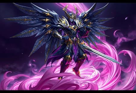 "This artwork showcases a dynamic and powerful Gearfried the Swordmaster, adorned in intricate black, purple, and gold armor with striking wings. They stand in a ready stance on a pink swirl, with a Clockwork Night background emphasizing the Gearfried the Swordmaster's central role. The artwork is expertly composed with vivid colors, sharp details, and a 8k resolution, evoking a sense of epic grandeur with its lifelike details, creative angle, and captivating lighting."