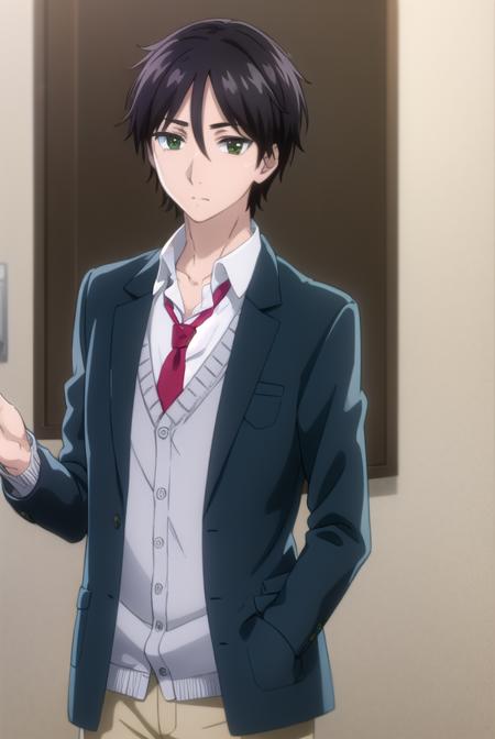 kaitamaru, <lora:kai tamaru s1-lora-nochekaiser:1>,
kai tamaru, short hair, black hair, male focus, mole, (green eyes:1.3), mole under mouth, hair between eyes,
BREAK shirt, long sleeves, school uniform, jacket, white shirt, open clothes, necktie, pants, open jacket, blazer, cardigan, red necktie, sweater vest, brown pants,
BREAK indoors, classroom,
BREAK looking at viewer, (cowboy shot:1.5),
BREAK <lyco:GoodHands-beta2:1>, (masterpiece:1.2), best quality, high resolution, unity 8k wallpaper, (illustration:0.8), (beautiful detailed eyes:1.6), extremely detailed face, perfect lighting, extremely detailed CG, (perfect hands, perfect anatomy),