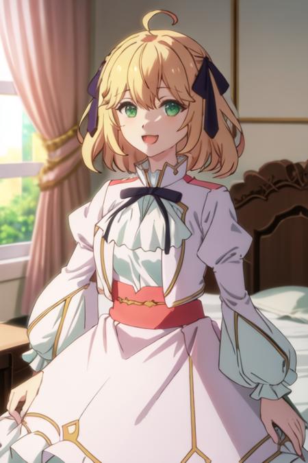 best quality, masterpiece, highres, solo, {anisphia_wynn_palettia_tenseioujototensaireijounomahoukakumei:1.15}, blonde_hair, green_eyes, bangs, short_hair, ribbon, hair_ribbon, ahoge, hair_between_eyes, smile, black_ribbon, blurry, 1girl, pink_dress, dress, short_sleeves, frills, open_mouth, puffy_sleeves, curtains, indoors, bed, puffy_short_sleeves