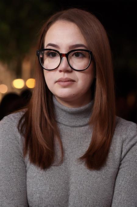 mid shot photo of j3ssc4r0l1n3 woman, detailed face, (blurred background)+, upset in a night party, glasses, gray turtleneck blouse