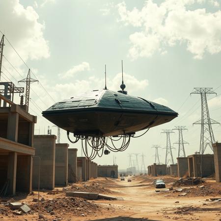 ultra high resolution, masterpiece, best quality, small featureless angular glossy black spacecraft with a rough textured surface hovering low to the ground, underneath the spacecraft are cables hoses and wires, antennas on top, cables hanging from below, rectangular in shape, futuristic world, post apocalyptic landscape, ((low concrete buildings:1.3)) anti gravity, in the atmosphere, sky, clouds, ground visible, hovering, dry, ((dusty)), bleak landscape, parched, bright noon sunlight, square shapes, bleached colors, destroyed industrial buildings, powerlines and towers, concrete foundations