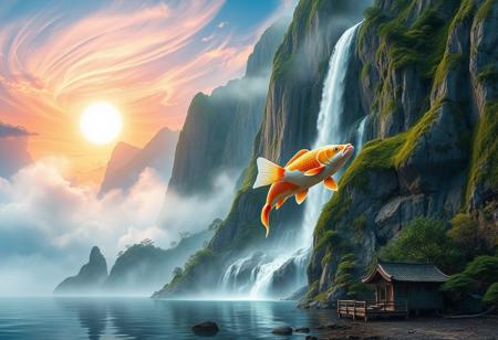 there is a tall waterfall, majestic water fall, the water fall is coming out of a mountain, Chinese mountains, there is moss growing on the mountains, small bonsai trees on the mountain, water mist, sun in the sky, sun behind clouds, water basin at base of cliff, small hut at base of cliff, small hut next to water fall, fishing rack, fishing polls, basket, fishing spot on shore, giant coy fish, white orange and gold coy fish, giant coy fish jumping out of water, shore, clouds, swirling, vivid colours, blue, orange, pink, sky, ancient, overgrown, landscapes, intricate details, background colourful, cloud streams, dynamic, vibrant colours, high quality, detailed, realistic, beautiful, extreme detail, hyper realistic, dynamic light, expressive, digital media (artwork), hi res, masterpiece, RAW, photo, 8k, very sharp, very detailed, realistic, real, cinematic view, shaded, detailed shading, shading,