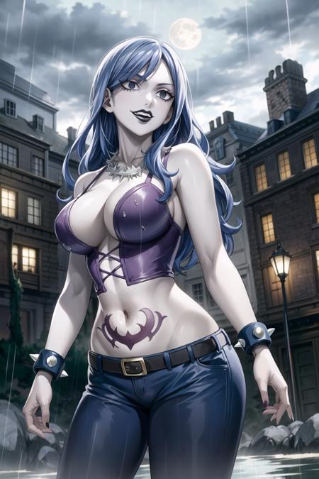 ((best quality)), ((highly detailed)), masterpiece, ((official art)), detailed face, beautiful face, (detailed eyes, deep eyes),(cowboy shot:1.1),juviagmg, blue hair, (lips), looking at viewer, grin, teeth,
(RockOfSuccubus),middle finger, large breasts, navel,(purple), cleavage, midriff, belt, pants, (tattoo:1.1), pubic tattoo,makeup, (colored skin:1.3), (black lips:1.3),(lipstick), (pale skin:1.5), cross-laced clothes, (spiked bracelet), necklace, bustier,
scenary, city, outdoors, (rain:1.2), (water drop:1.2), night, sky, moon,intricately detailed, hyperdetailed, blurry background,depth of field, best quality, masterpiece, intricate details, tonemapping, sharp focus, hyper detailed, trending on Artstation,1 girl, high res, official art